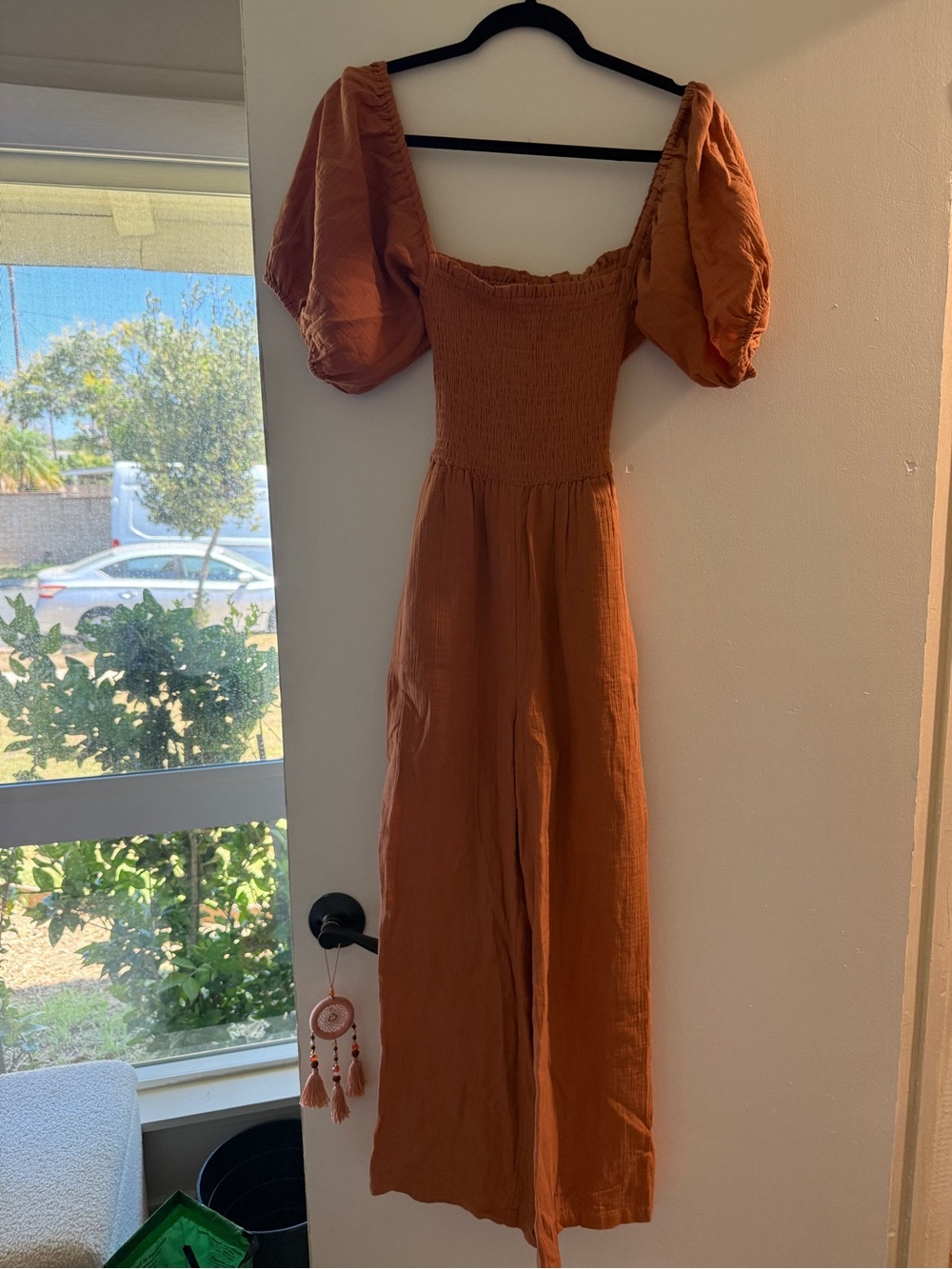 Rust Puff-Sleeve Maxi Dress with Smocked Bodice